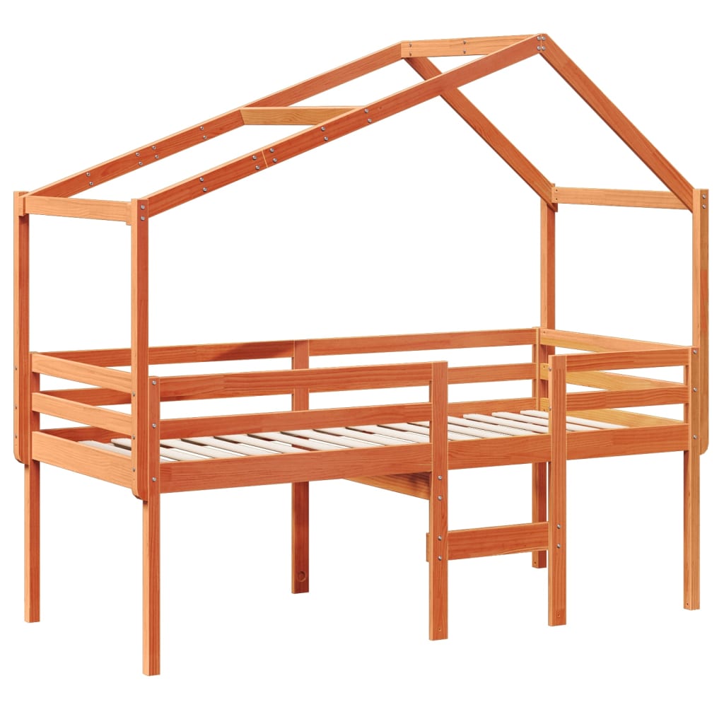 Cama alta com telhado 80x200 cm pinho maciço castanho-mel