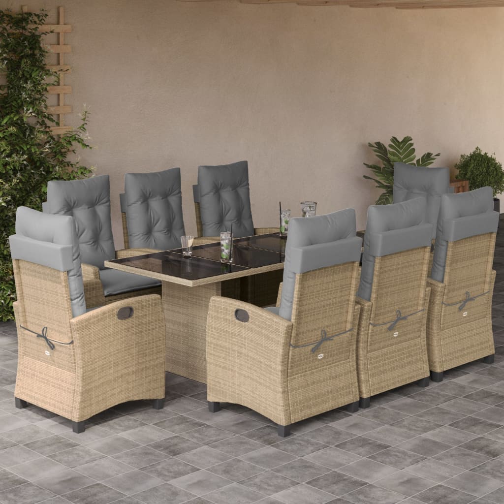 9 Pcs conj. jantar jardim c/ almofadões vime PE bege misturado