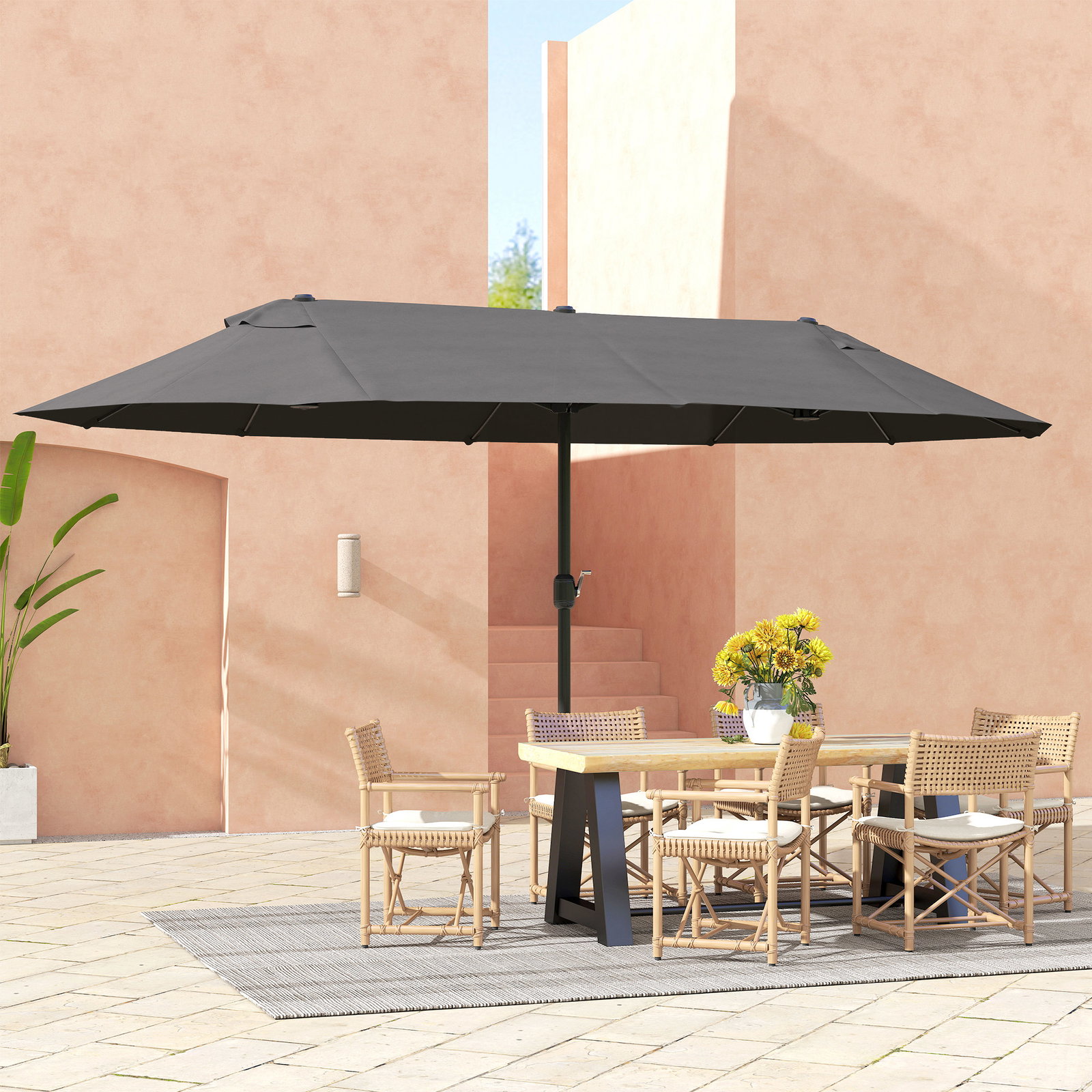 Chapéu de sol duplo para jardim 4,6x2,7x2,4m chapéu de sol anti UV com manivela para exterior cinza
