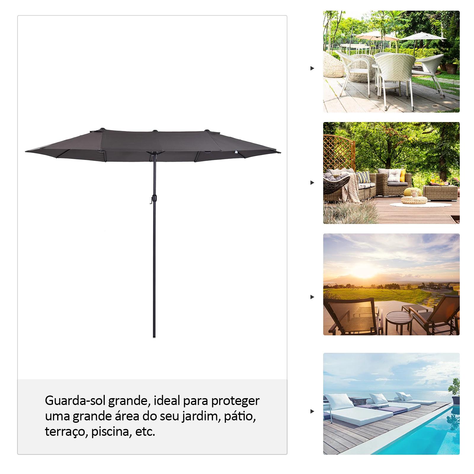 Chapéu de sol duplo para jardim 4,6x2,7x2,4m chapéu de sol anti UV com manivela para exterior cinza