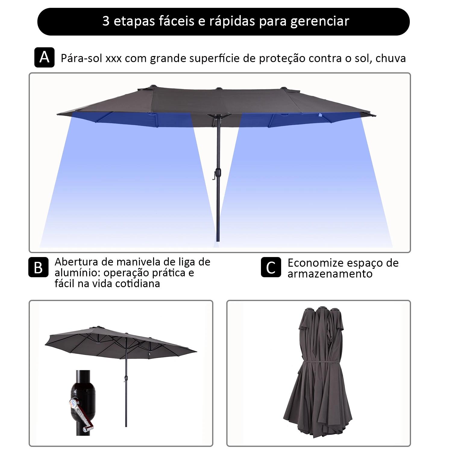 Chapéu de sol duplo para jardim 4,6x2,7x2,4m chapéu de sol anti UV com manivela para exterior cinza