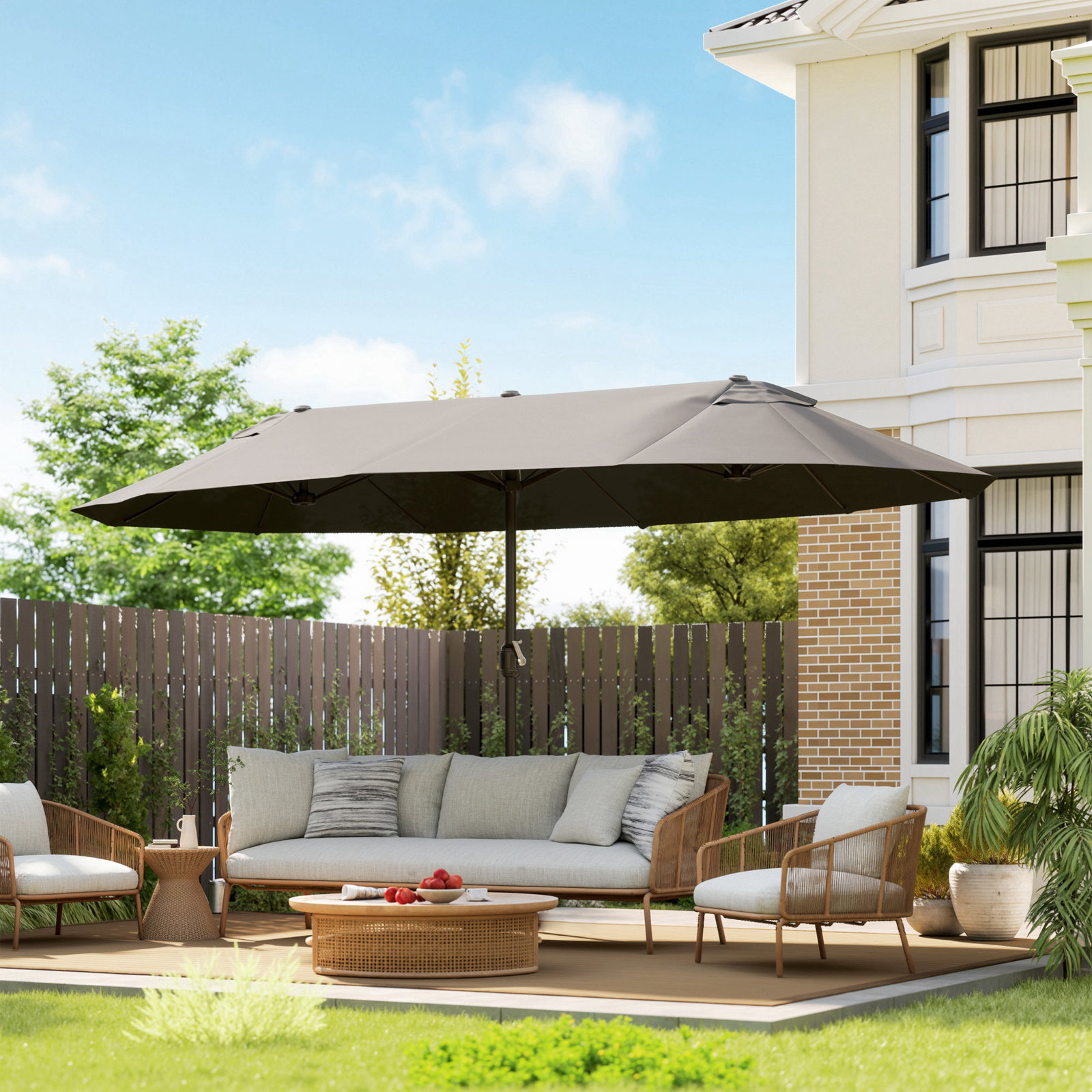 Chapéu de sol duplo para jardim 4,6x2,7x2,4m chapéu de sol anti UV com manivela para exterior cinza