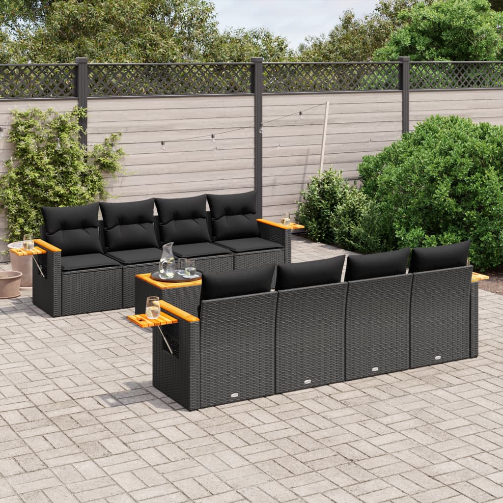 9 Pcs conjunto de sofás p/ jardim c/ almofadões vime PE preto