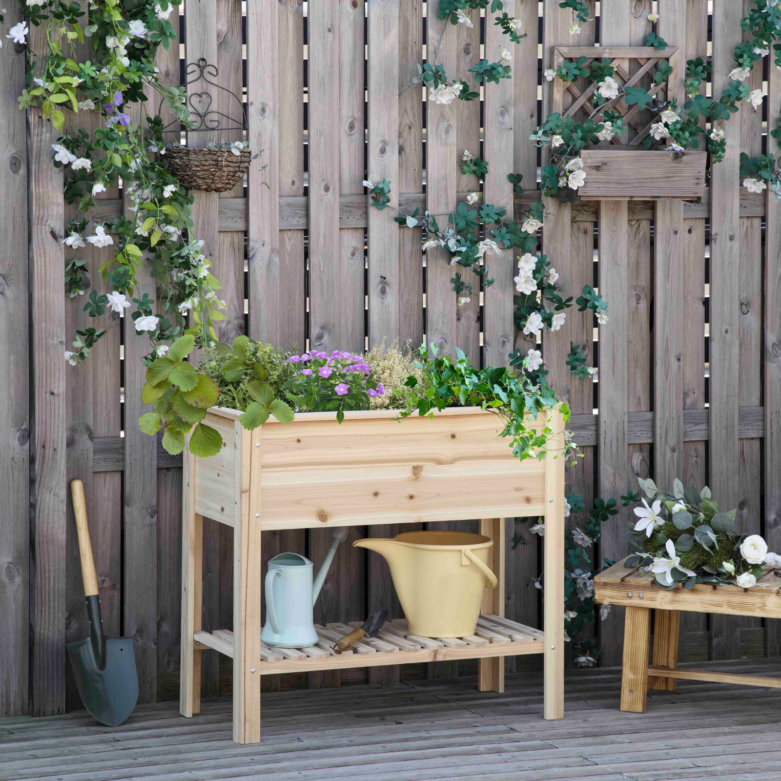 Horta vertical elevada com prateleira mesa de cultivo de madeira com tecido não tecido 90x40x81cm madeira