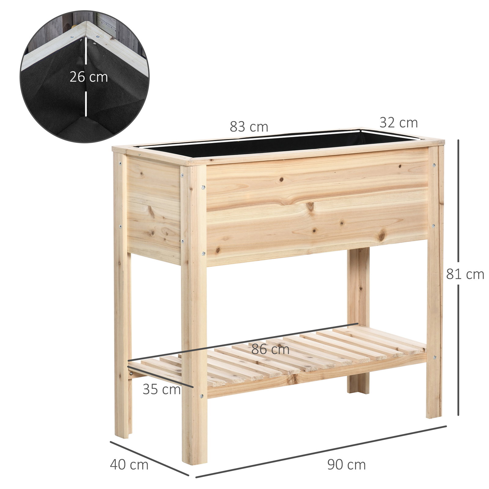 Horta vertical elevada com prateleira mesa de cultivo de madeira com tecido não tecido 90x40x81cm madeira