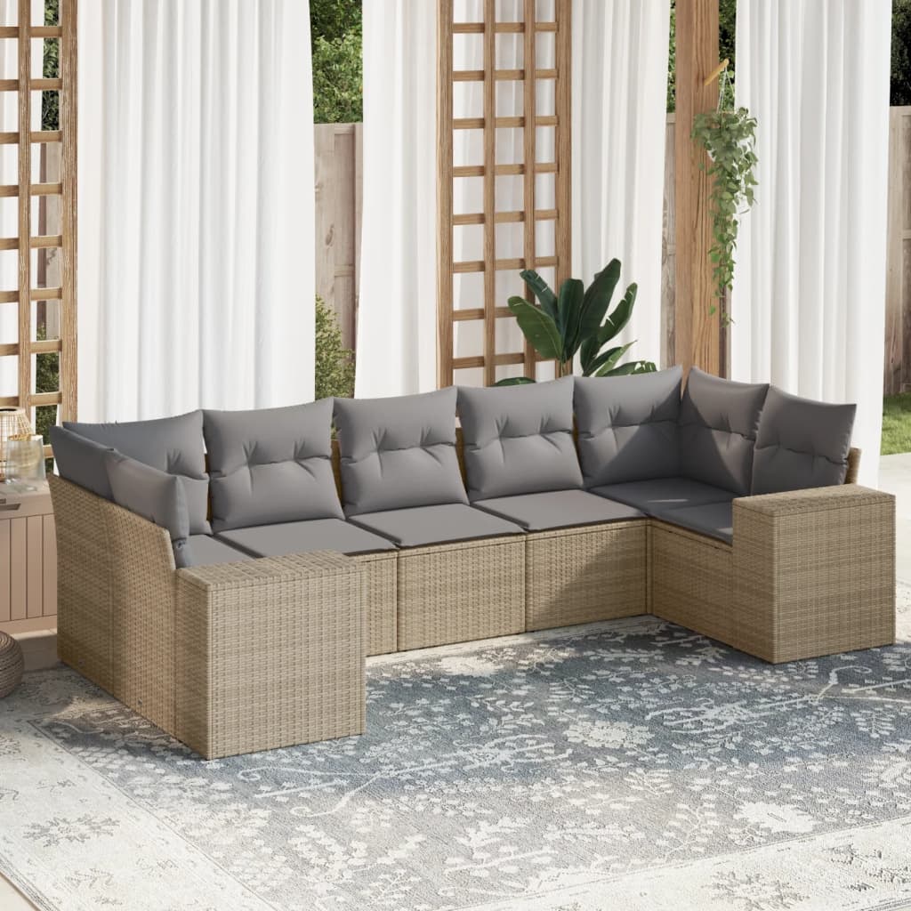 7 Pcs conjunto de sofás p/ jardim com almofadões vime PE bege