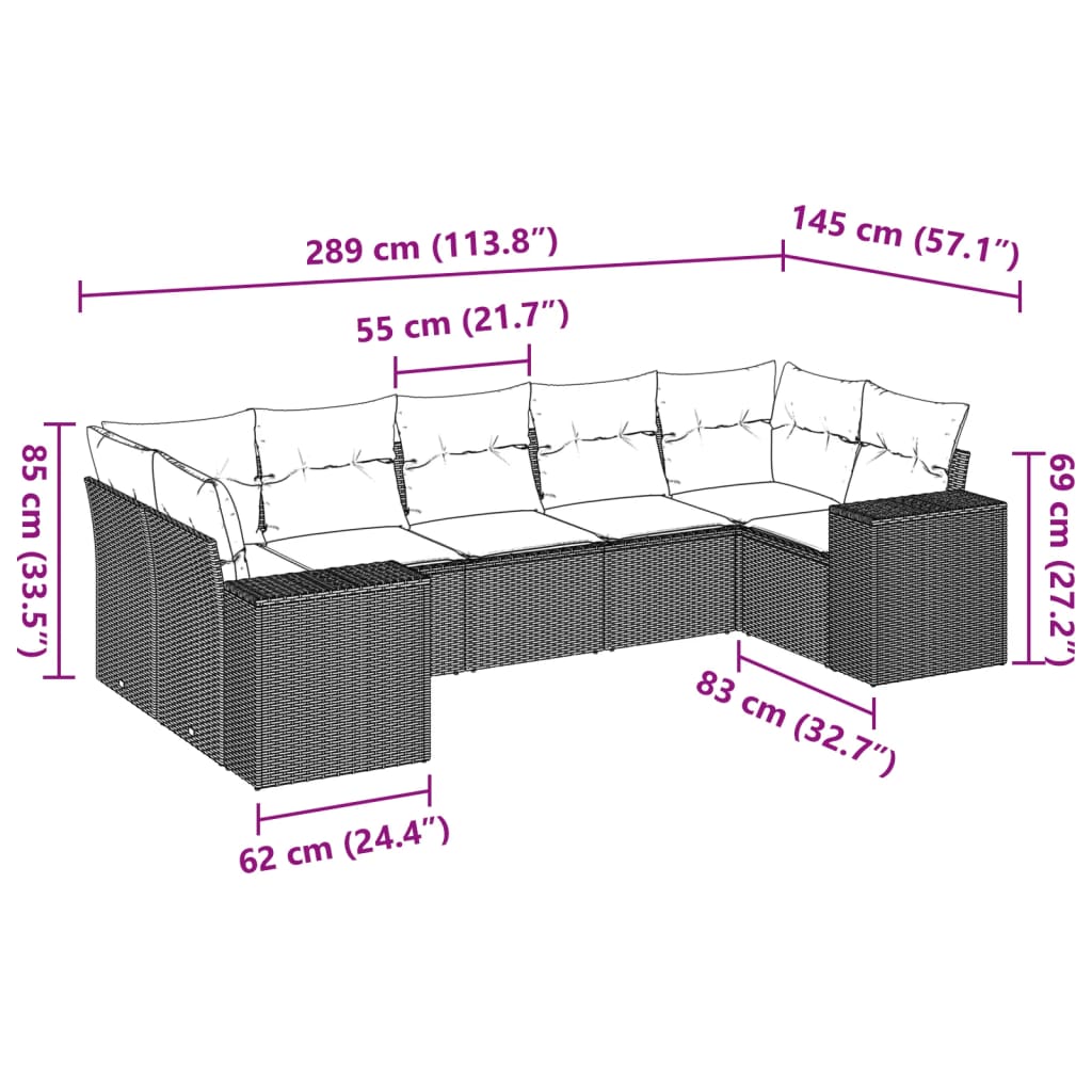 7 Pcs conjunto de sofás p/ jardim com almofadões vime PE bege