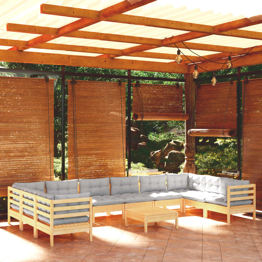 11 Pcs conjunto lounge de jardim c/ almofadões cinzentos pinho