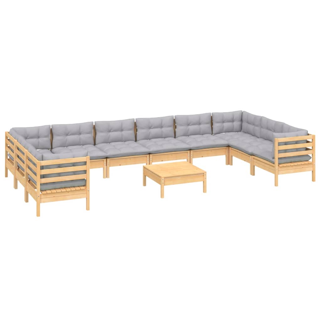 11 Pcs conjunto lounge de jardim c/ almofadões cinzentos pinho
