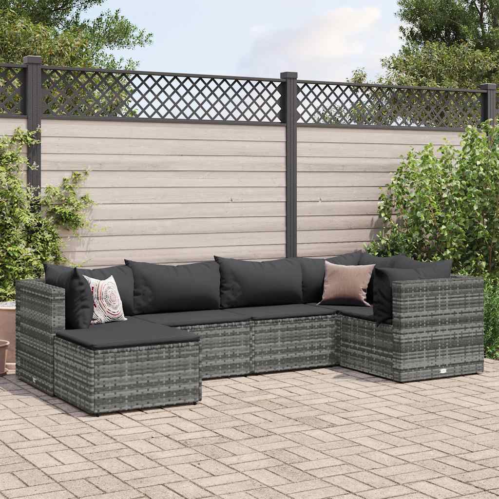 6 Pcs conjunto lounge de jardim c/ almofadões vime PE cinzento