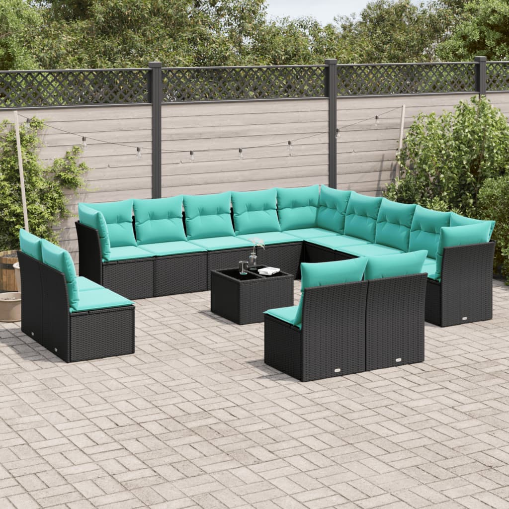 Conjunto de sofá de jardim com 14 peças e almofadas em rattan sintético preto