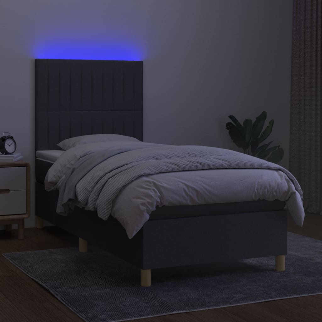 Cama box spring c/ colchão e LED 90x190 cm tecido cinza-escuro