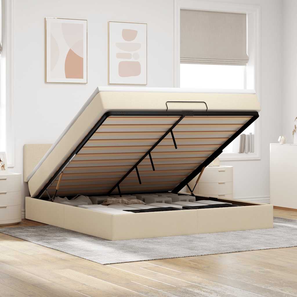 Cama otomana com colchão & leds 180x200cm tecido creme