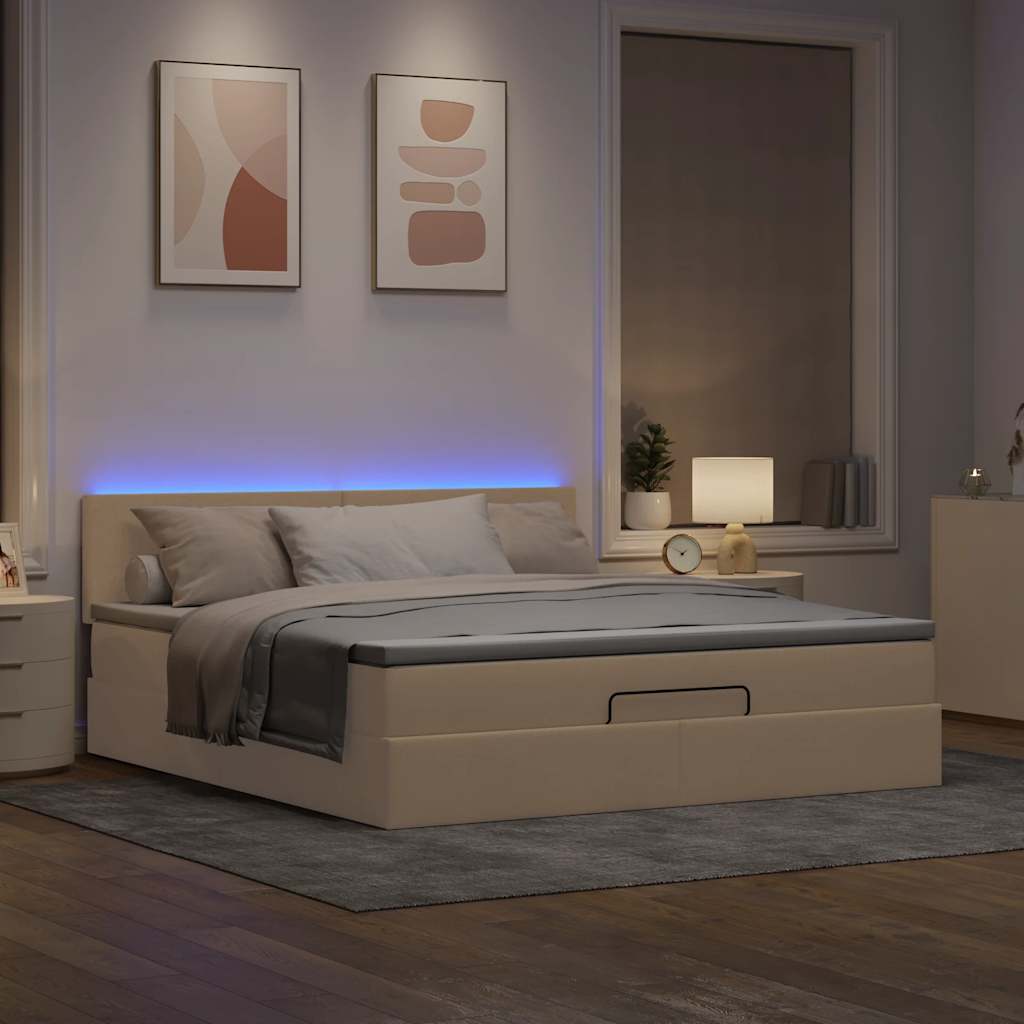 Cama otomana com colchão & leds 180x200cm tecido creme