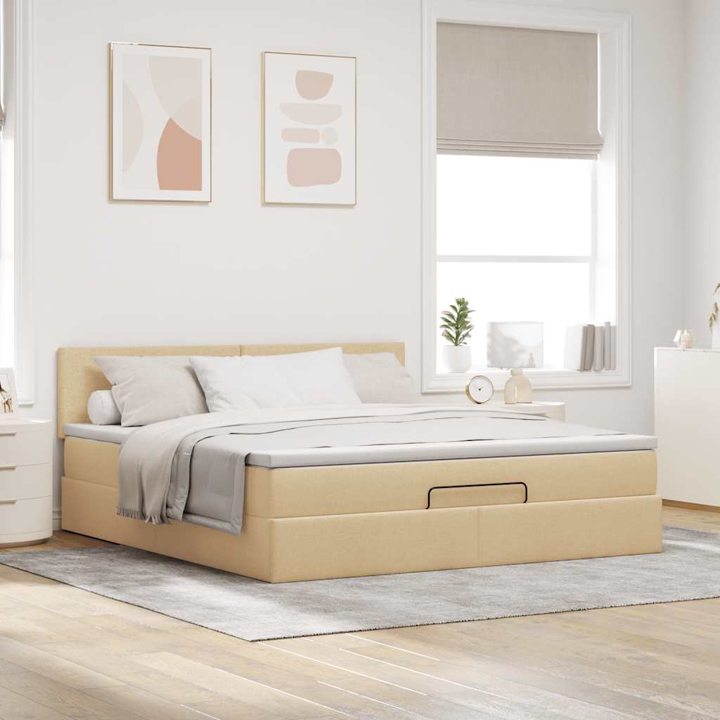 Cama otomana com colchão & leds 180x200cm tecido creme