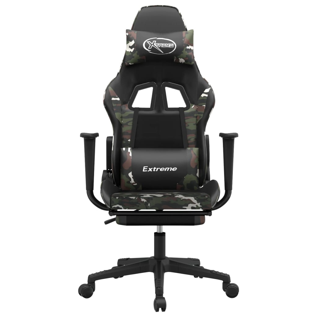 Cadeira gaming c/ apoio pés couro artificial preto e camuflado