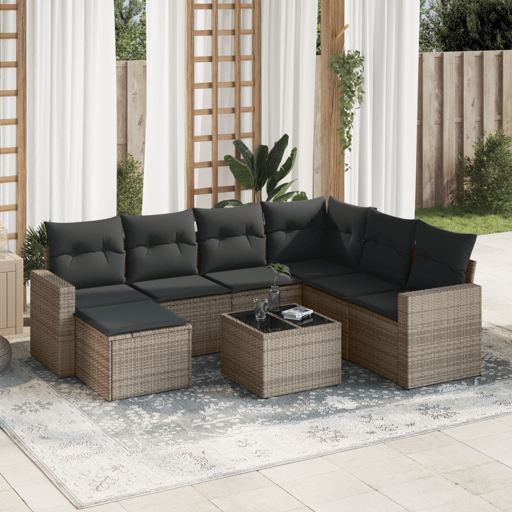 8 Pcs conjunto sofás de jardim c/ almofadões vime PE cinzento