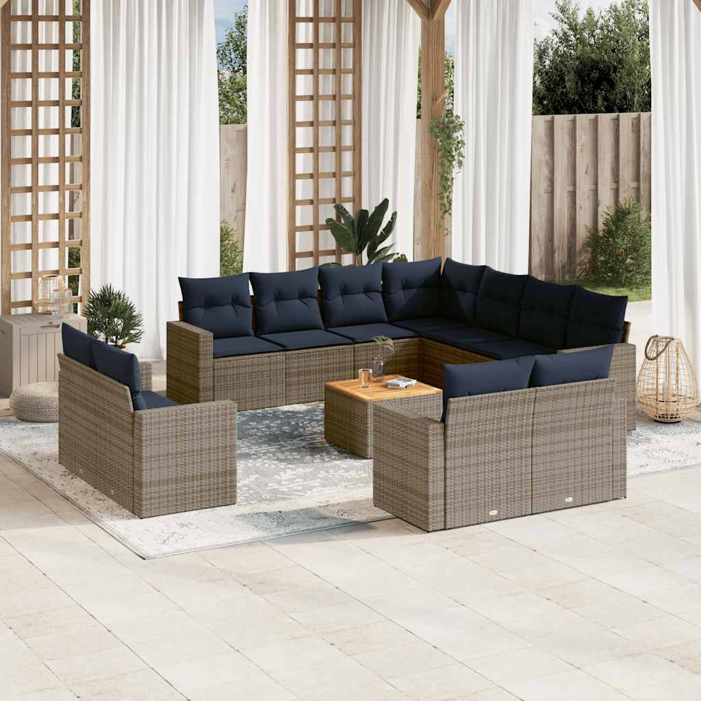 12 Pcs conjunto sofás p/ jardim c/ almofadões vime PE cinzento