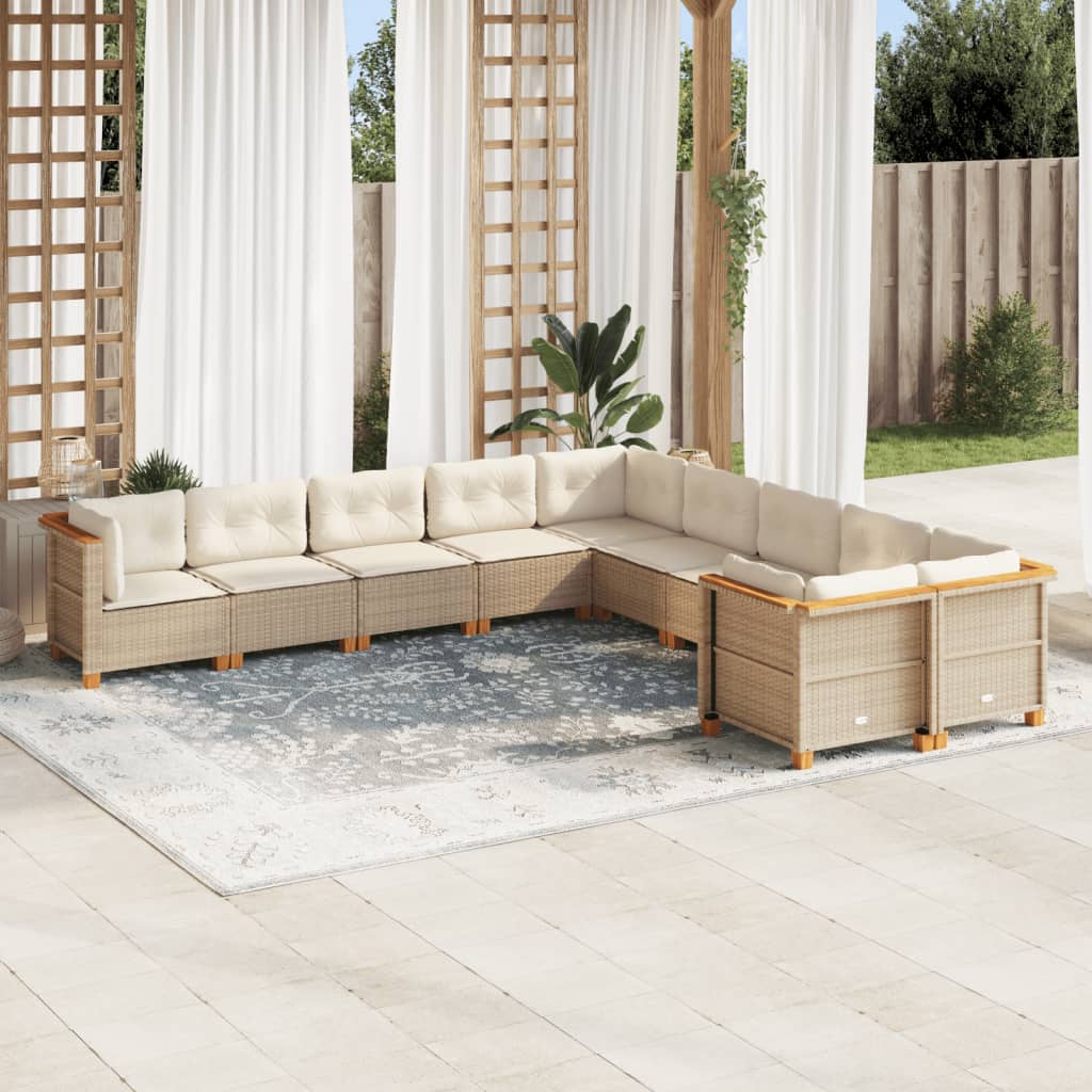 10 Pcs conjunto de sofás p/ jardim com almofadões vime PE bege