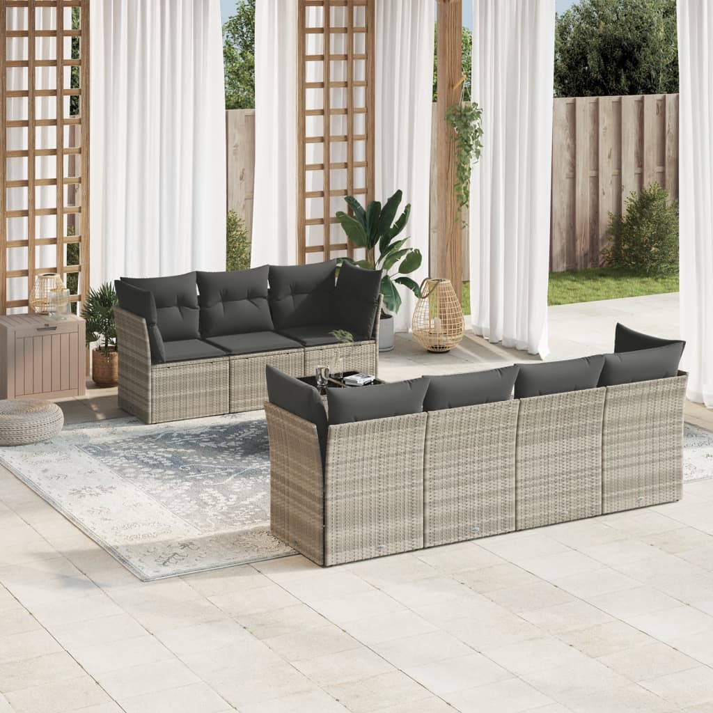 8 Pcs conj. sofás jardim c/ almofadões vime PE cinzento-claro