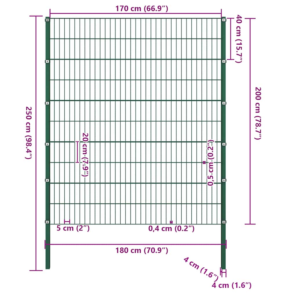 Painel de vedação com postes de ferro 176,5x200 cm verde