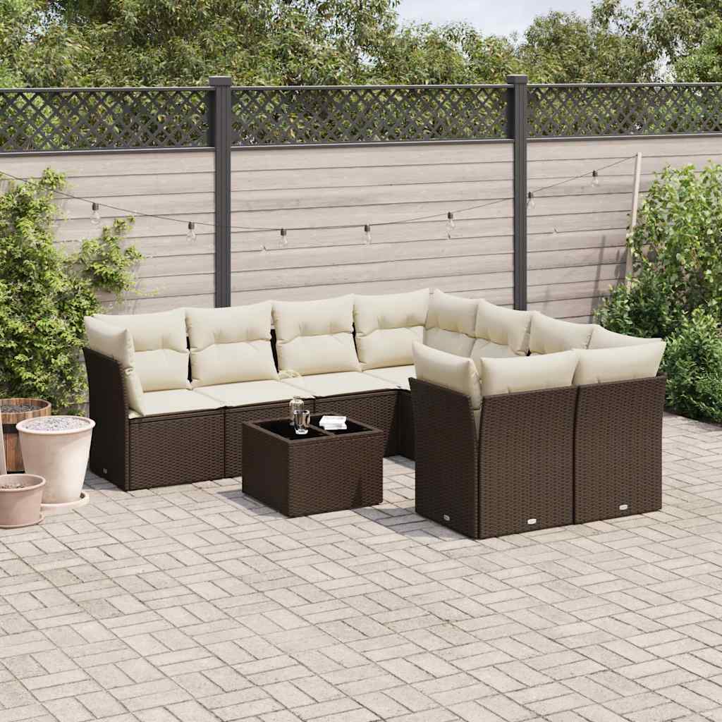 9 Pcs conjunto sofás p/ jardim c/ almofadões vime PE castanho