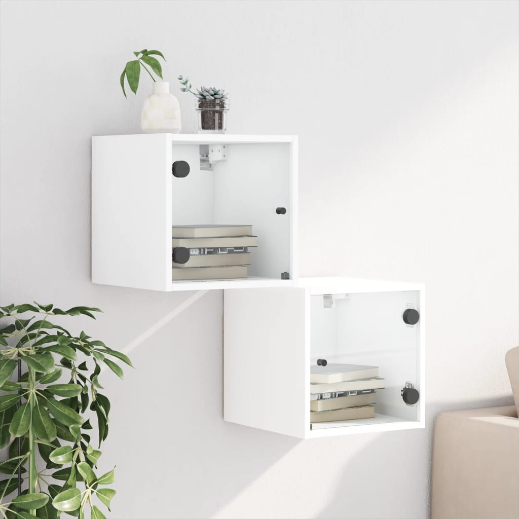 Mesas de cabeceira c/ portas de vidro 2 pcs 35x37x35 cm branco