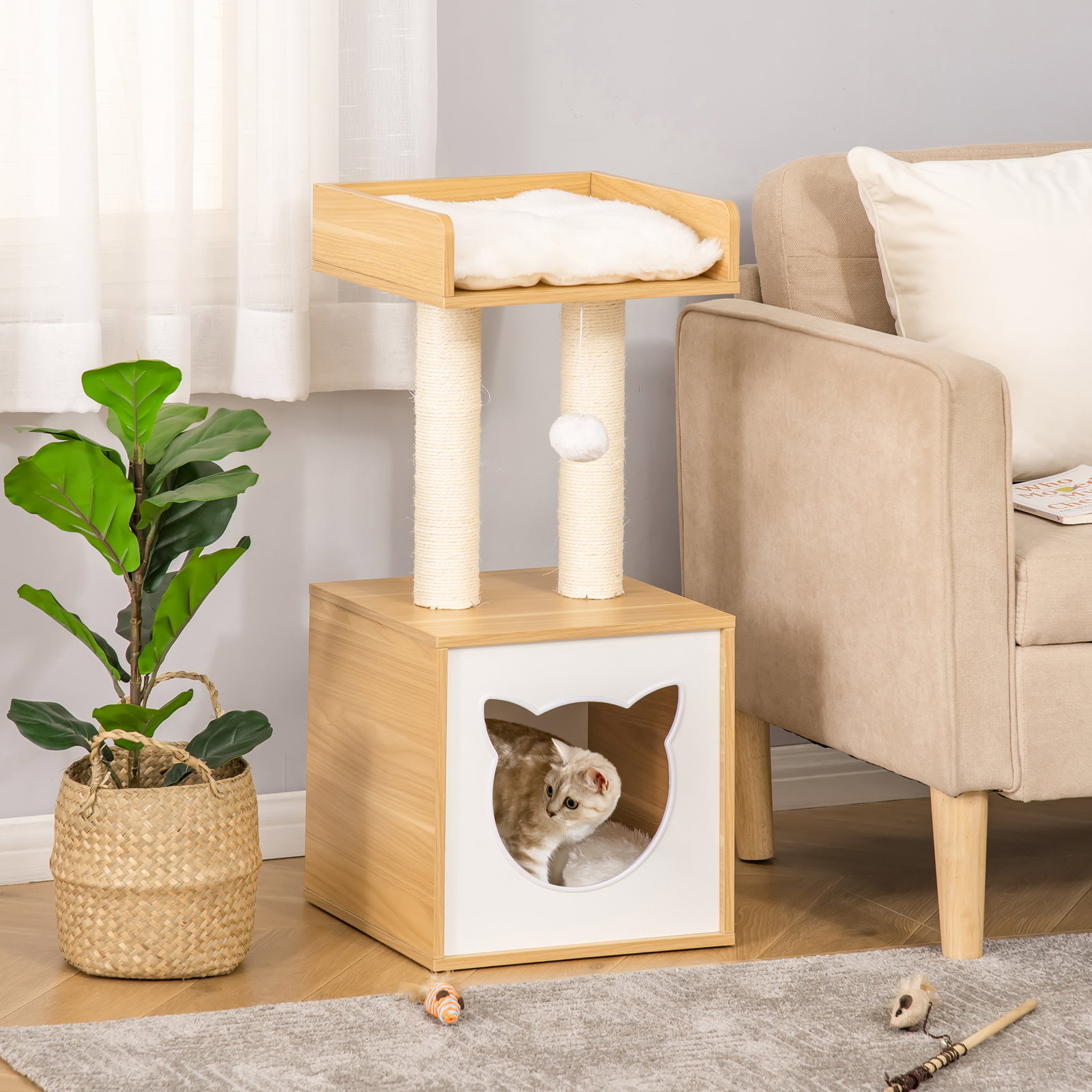 Árvore para Gatos de 2 Níveis com Caverna Superior Postes Arranhadores de Sisal Natural Almofadas Laváveis e Bola de Brinquedo 3