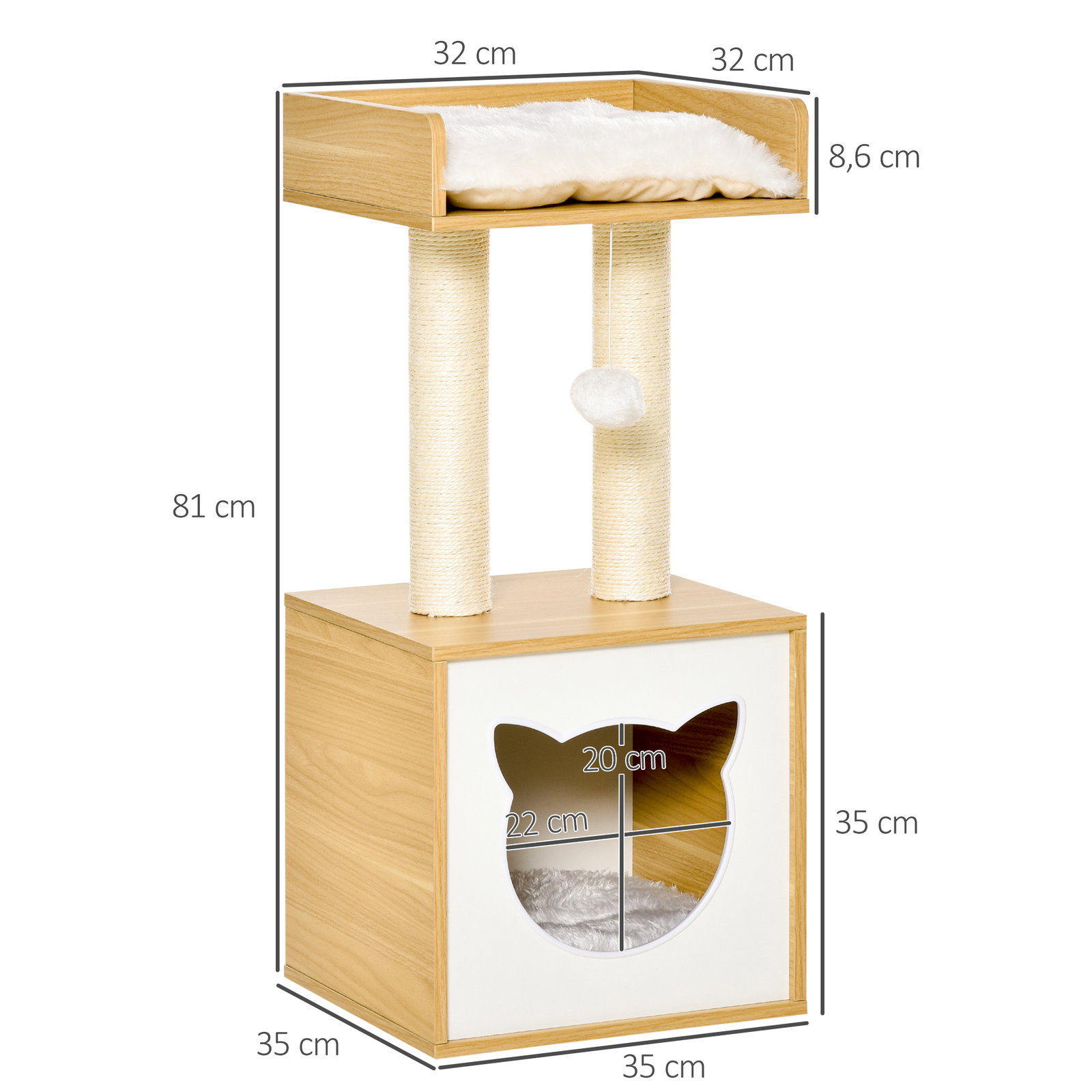 Árvore para Gatos de 2 Níveis com Caverna Superior Postes Arranhadores de Sisal Natural Almofadas Laváveis e Bola de Brinquedo 3