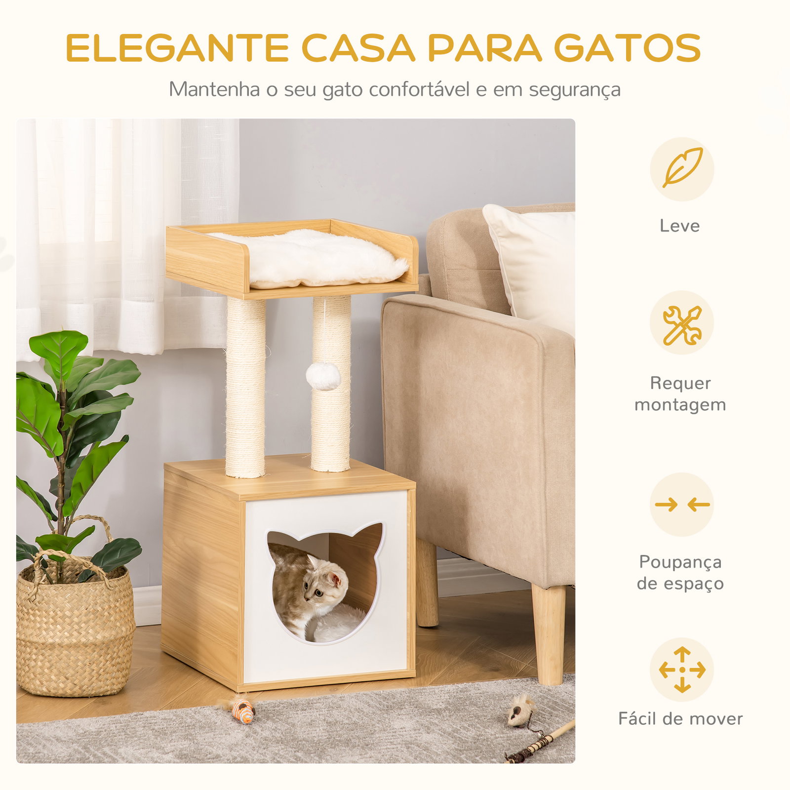 Árvore para Gatos de 2 Níveis com Caverna Superior Postes Arranhadores de Sisal Natural Almofadas Laváveis e Bola de Brinquedo 3