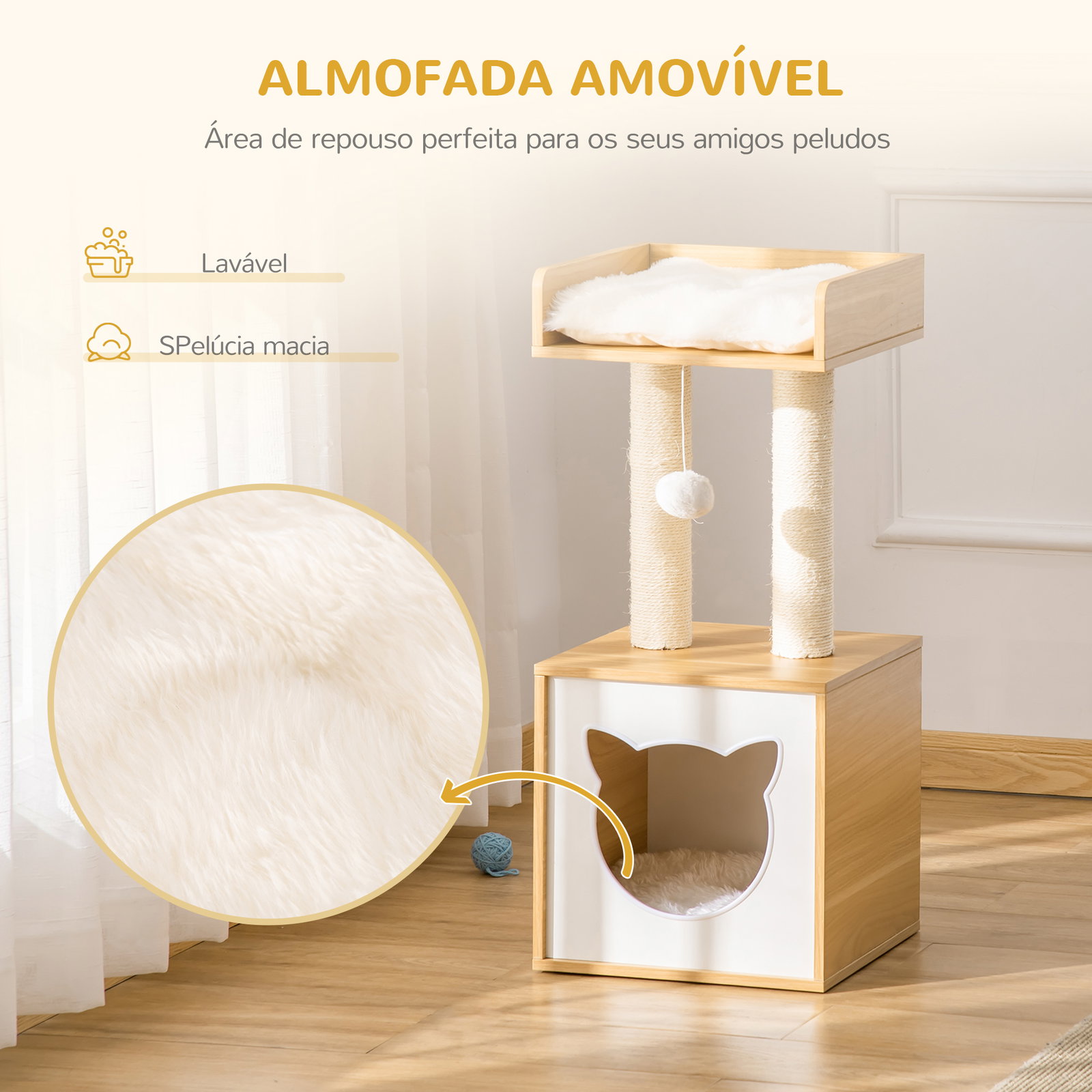 Árvore para Gatos de 2 Níveis com Caverna Superior Postes Arranhadores de Sisal Natural Almofadas Laváveis e Bola de Brinquedo 3