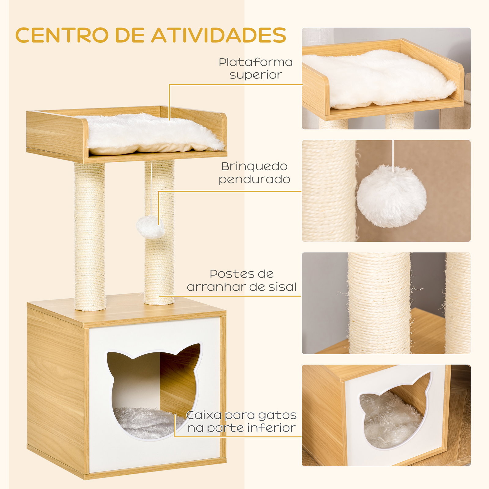 Árvore para Gatos de 2 Níveis com Caverna Superior Postes Arranhadores de Sisal Natural Almofadas Laváveis e Bola de Brinquedo 3