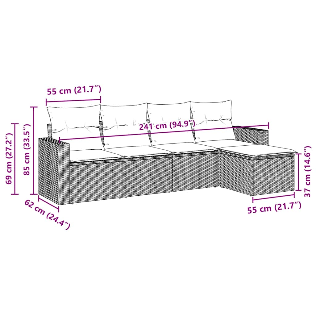 5 Pcs conjunto sofás p/ jardim c/ almofadões vime PE castanho
