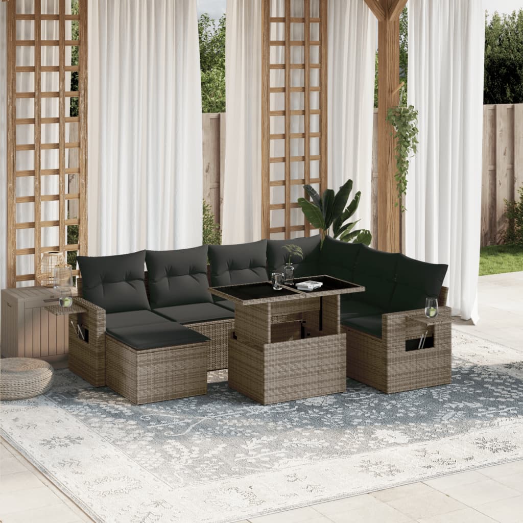 8 Pcs conjunto sofás de jardim c/ almofadões vime PE cinzento