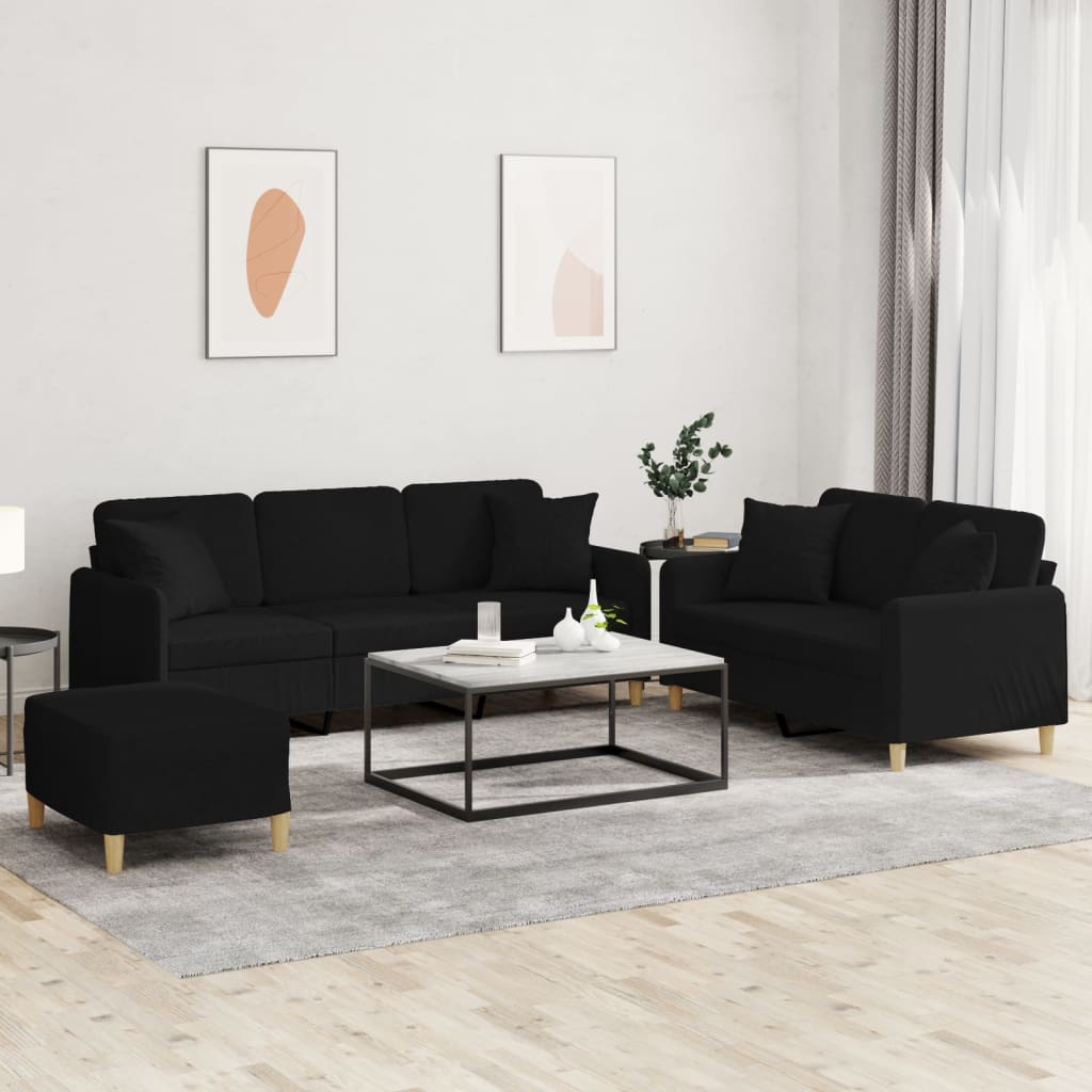 3 Pcs conjunto de sofás com almofadas tecido preto
