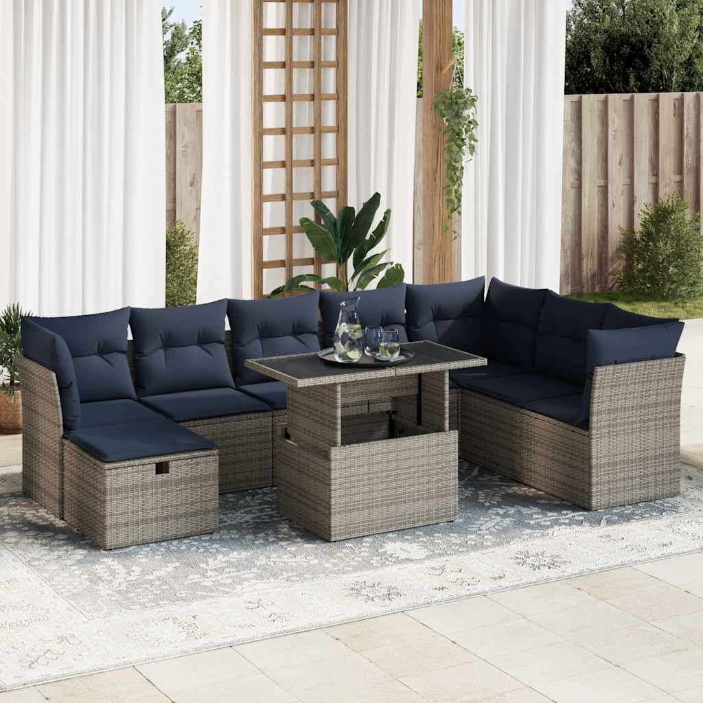 9 Pcs conjunto sofás jardim almofadões vime PE/acácia cinzento