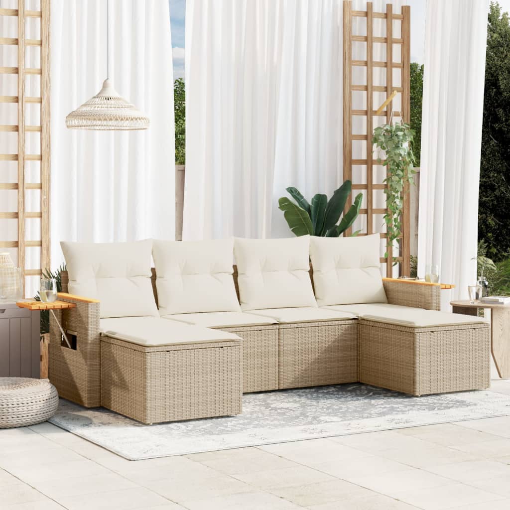 6 Pcs conjunto de sofás p/ jardim com almofadões vime PE bege