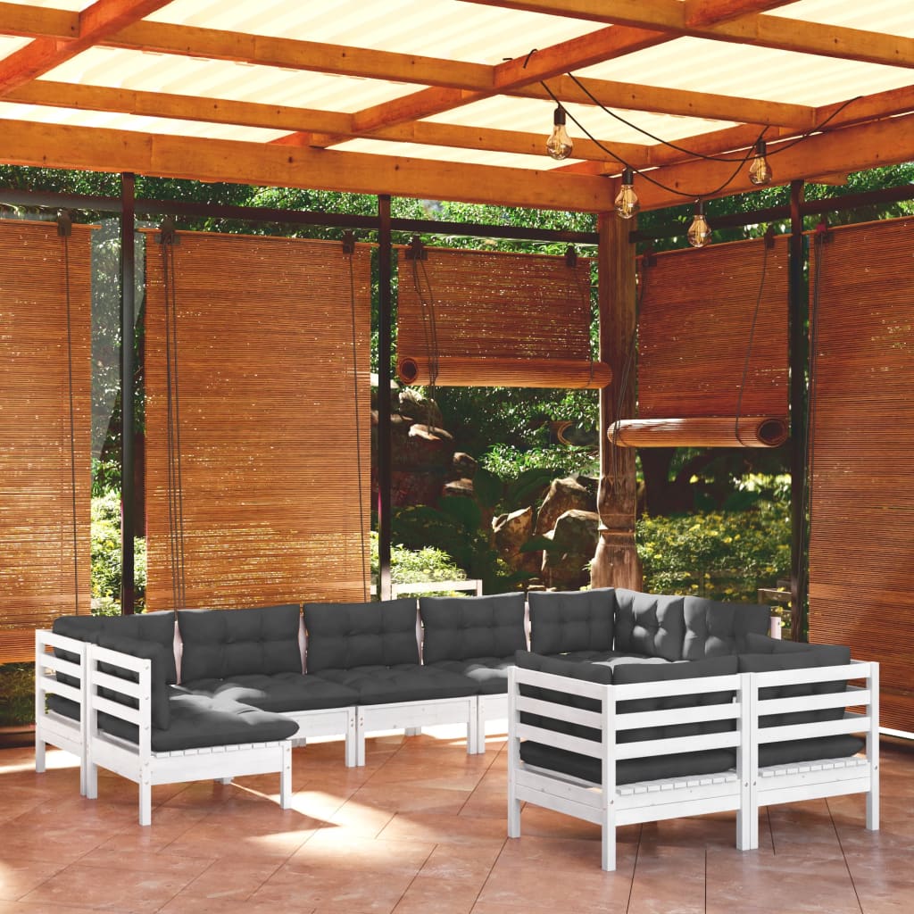9 Pcs conj. lounge de jardim c/ almofadões pinho maciço branco