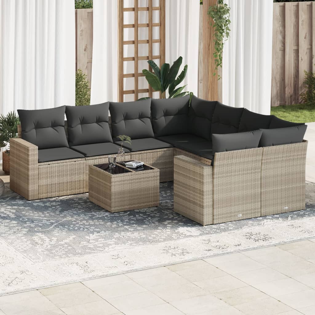 9 Pcs conj. sofás jardim com almofadões vime PE cinzento-claro