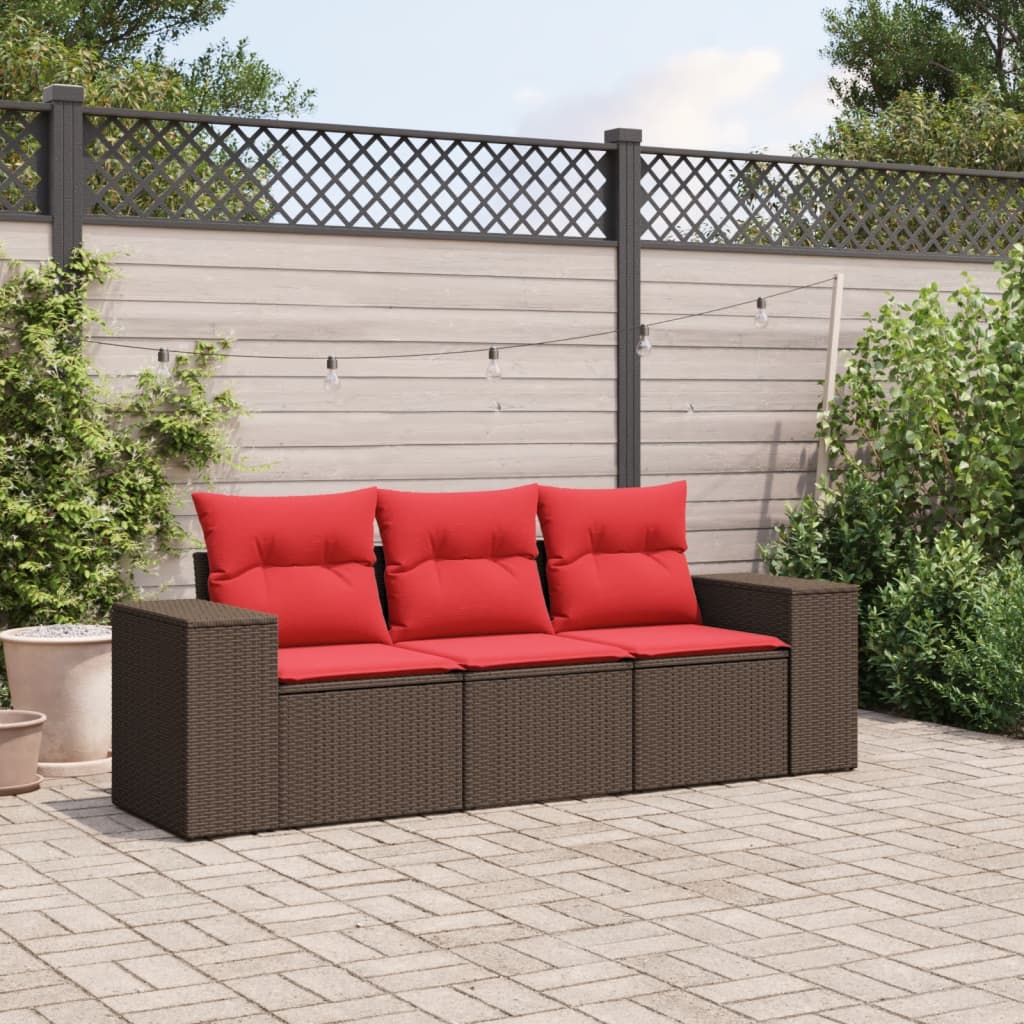 Conjunto de sofá de jardim de 3 peças com almofadas em rattan sintético marrom