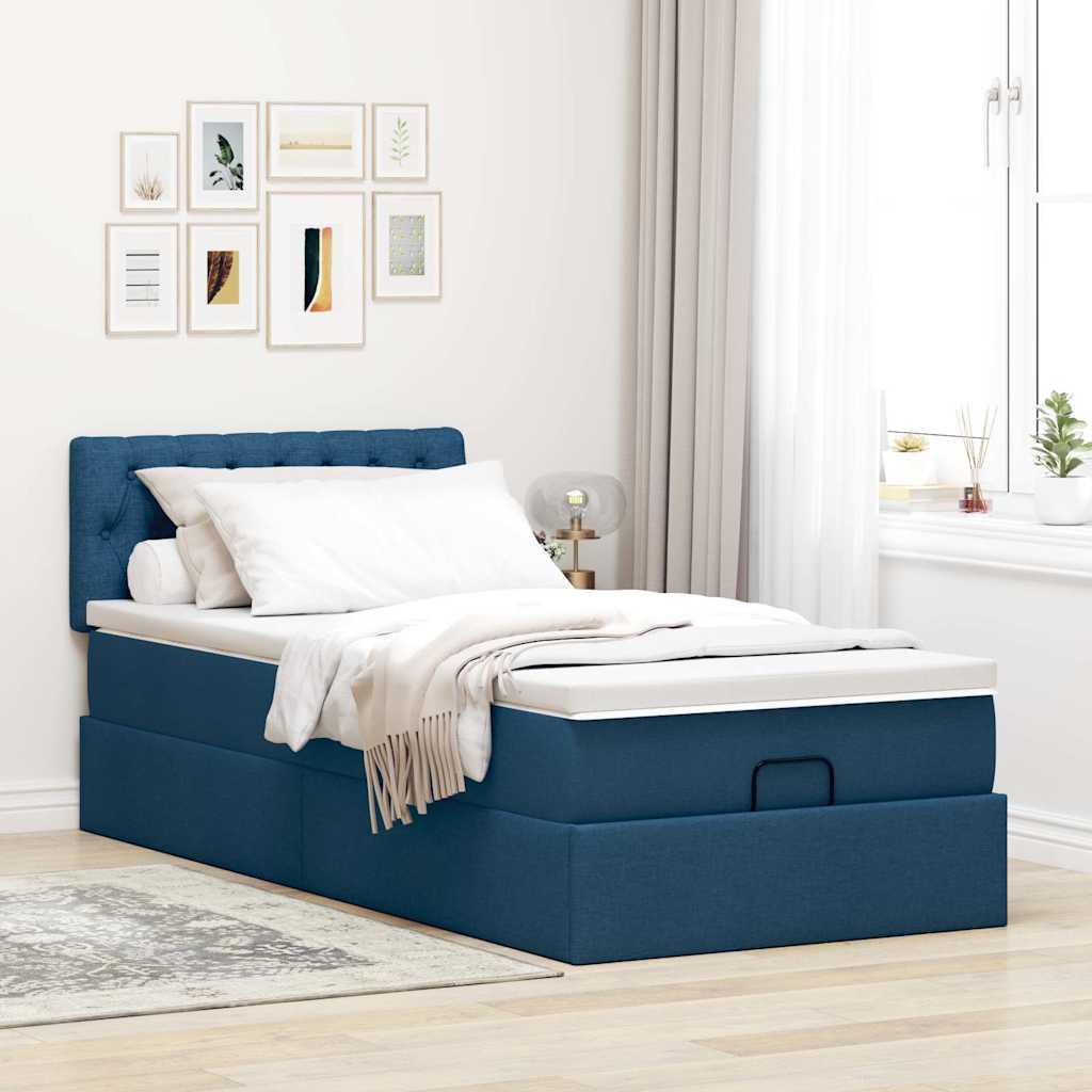 Cama otomana com colchão & leds tecido azul 90x200 cm
