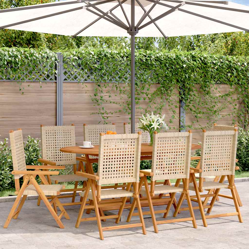 Cadeiras jardim reclináveis 8 pcs vime PE/madeira maciça bege