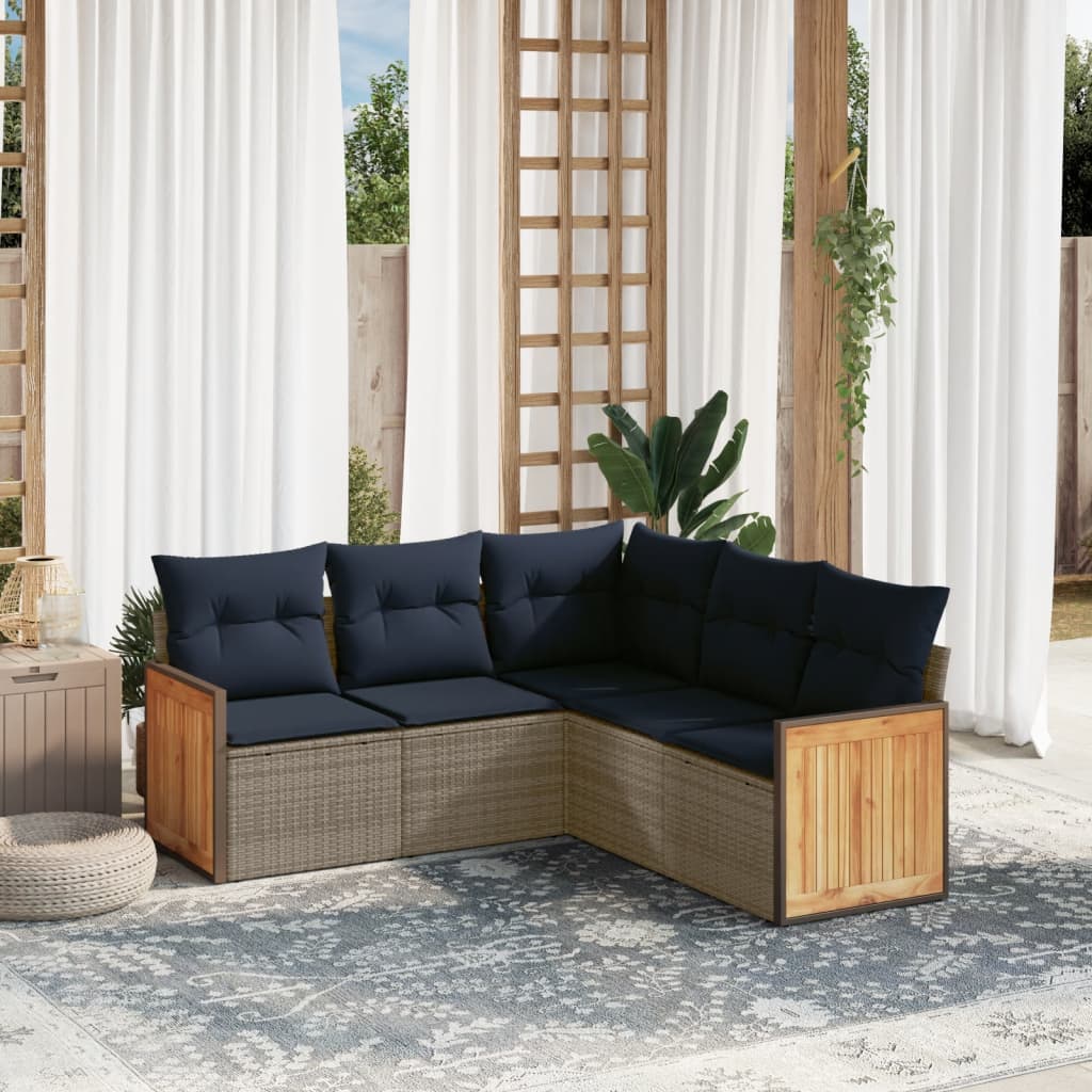 Conjunto de sofá de jardim de 5 peças com almofadas em rattan sintético cinza