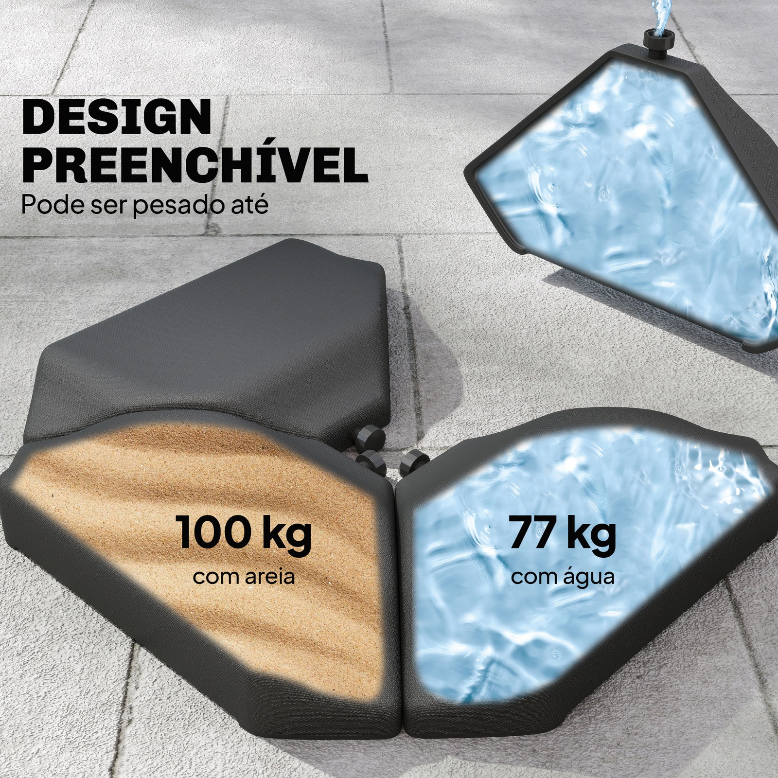 Base para guarda-sol de 4 peças, para cantilever suporte para guarda-sol de HDPE reenchível com água 77 kg ou areia 100 kg