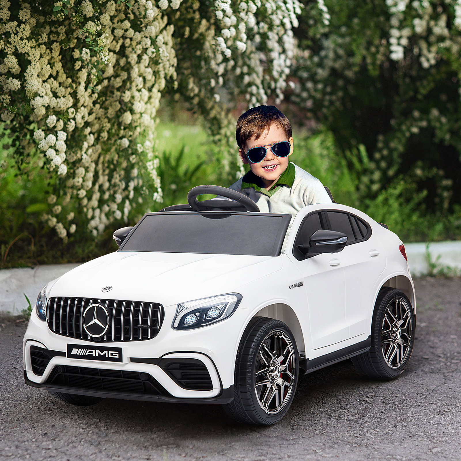 Carro elétrico mercedes amg 12v para crianças de 3-5 anos com controle remoto música luzes abertura da porta 115x70x55cm branco