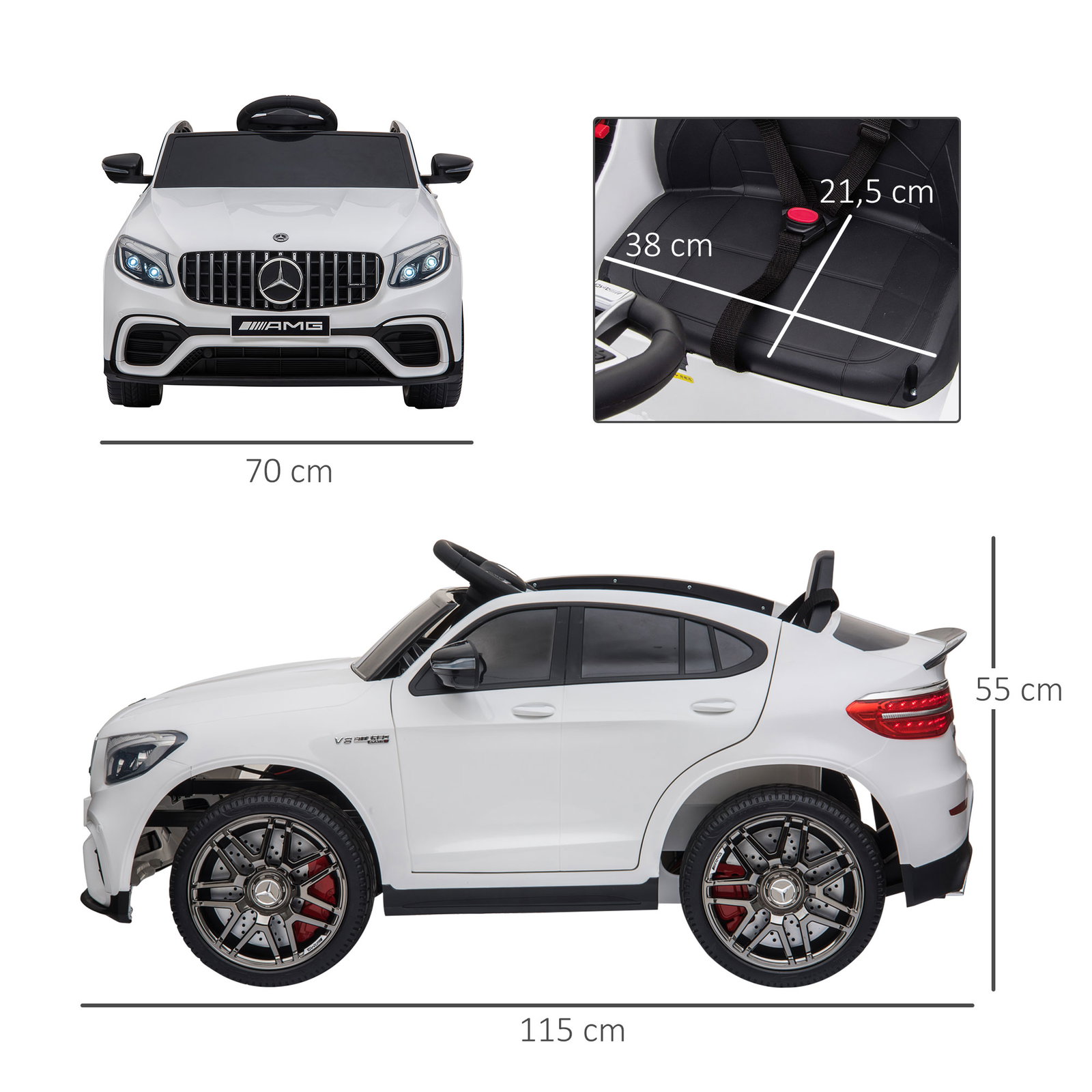 Carro elétrico mercedes amg 12v para crianças de 3-5 anos com controle remoto música luzes abertura da porta 115x70x55cm branco