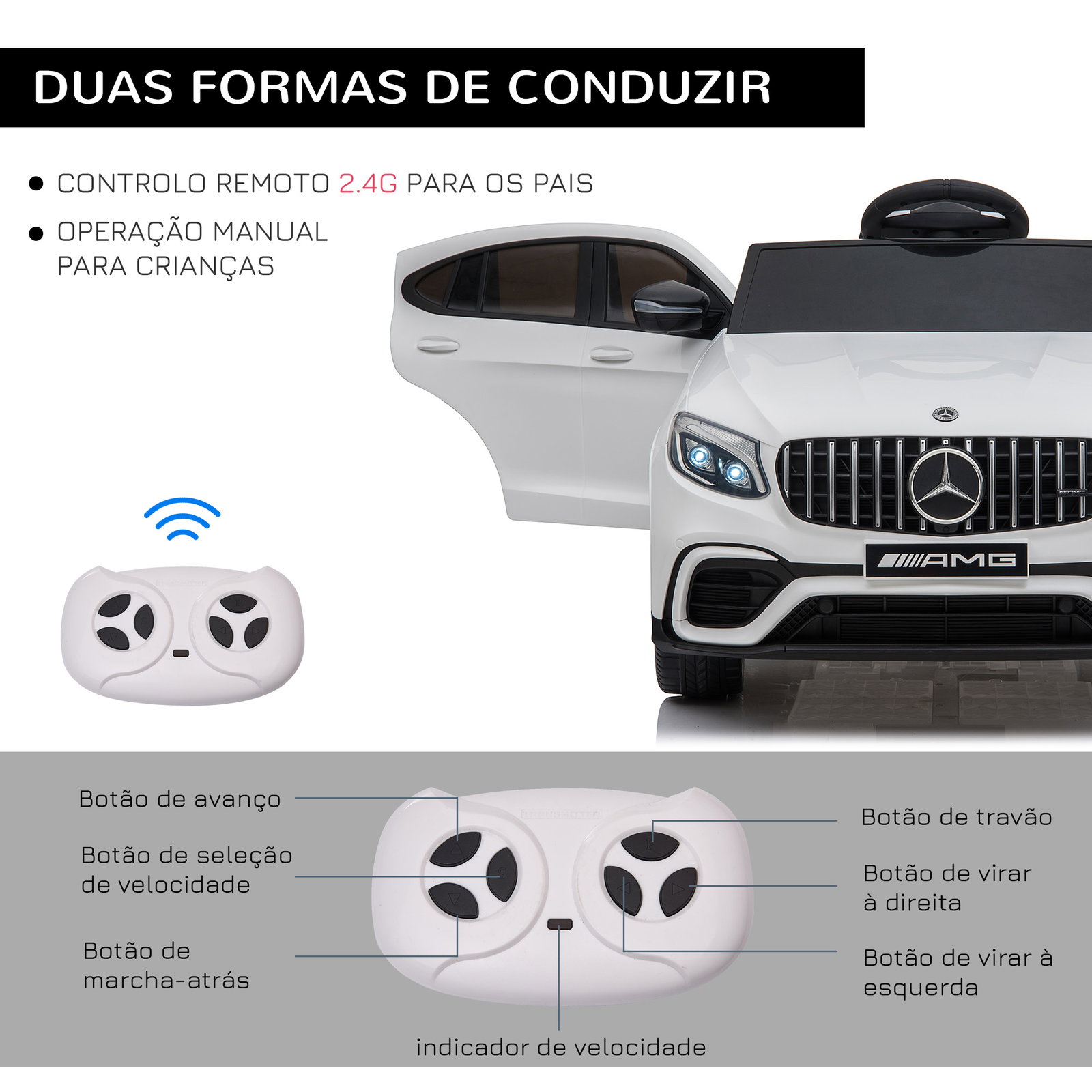 Carro elétrico mercedes amg 12v para crianças de 3-5 anos com controle remoto música luzes abertura da porta 115x70x55cm branco