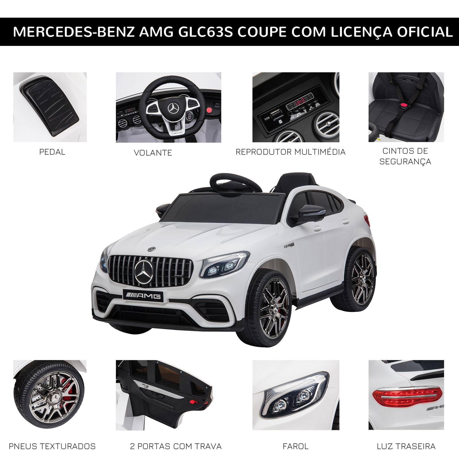 Carro elétrico mercedes amg 12v para crianças de 3-5 anos com controle remoto música luzes abertura da porta 115x70x55cm branco