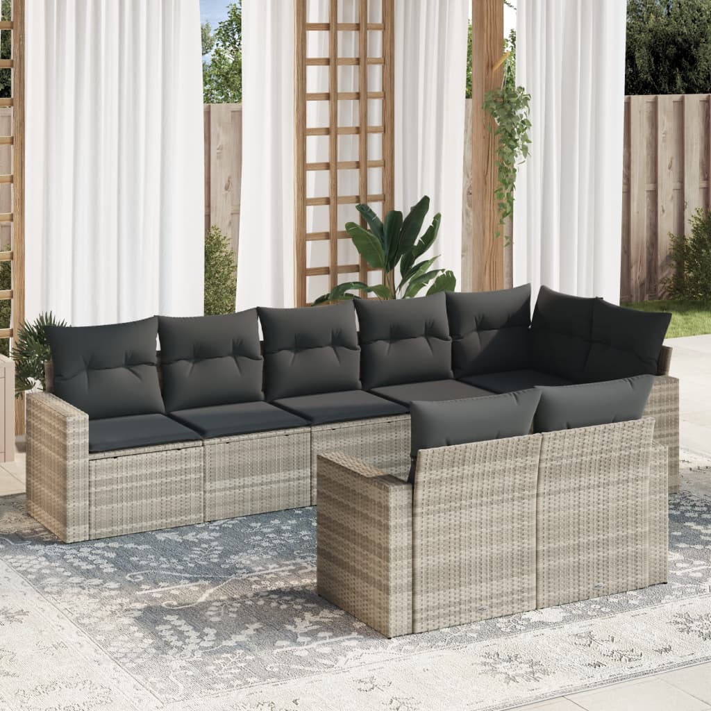 8 Pcs conj. sofás jardim c/ almofadões vime PE cinzento-claro