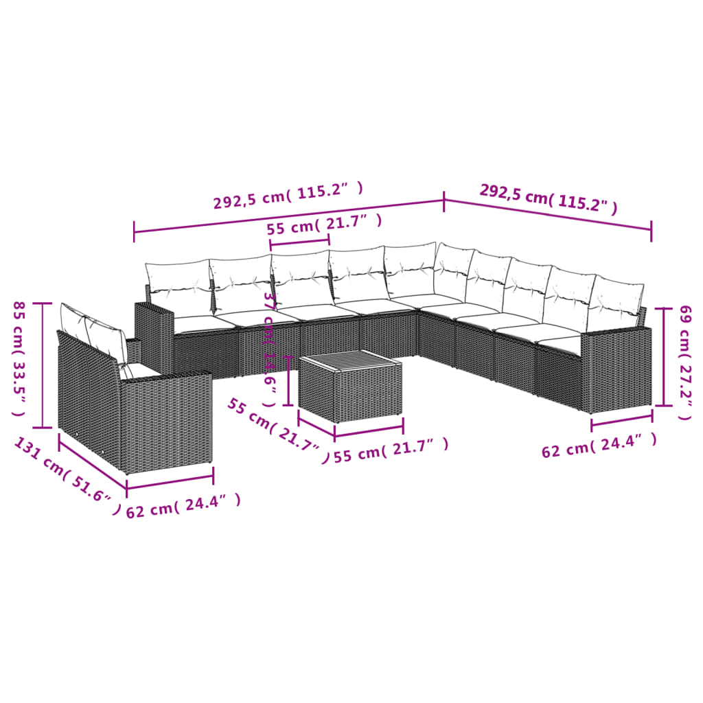 12 Pcs conjunto de sofás de jardim c/ almofadões vime PE preto